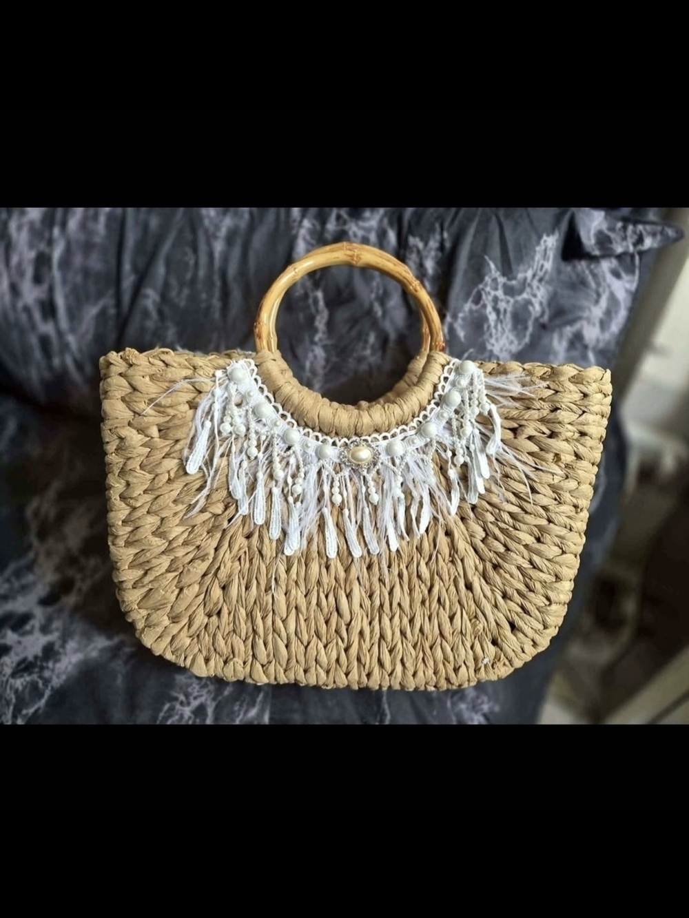 Straw Studios Natural Straw Tote with White Fringe and Bamboo Handles